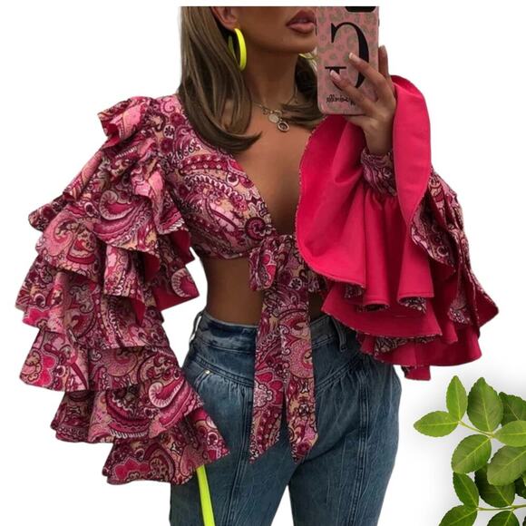 Pink V-Neck Collar Blouse with Butterfly Ruffle Sleeves - Picture 2 of 4